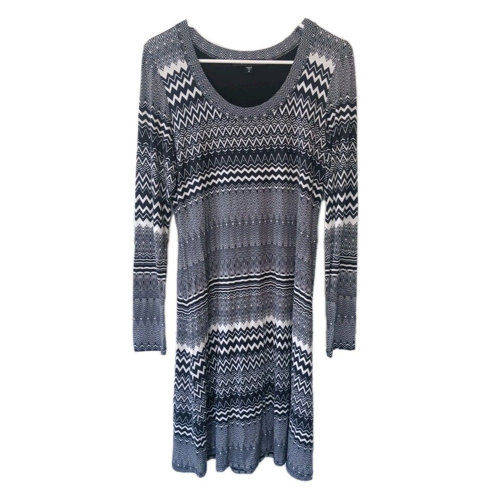 Karen Kane Shift Dress Sz Medium Black White Long Sleeve Stretch Geometric Boho